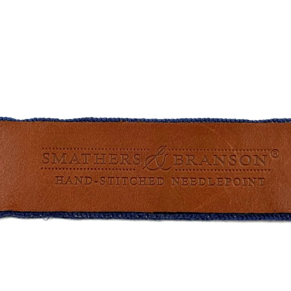Smathers & Branson Brown Leather Belt Mens 36 Blue Wacky Pickleball Needlepoint